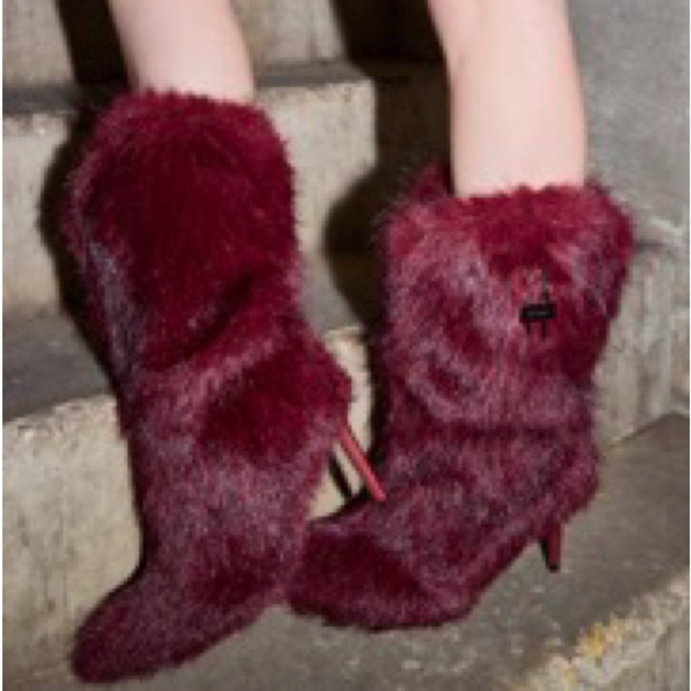 Faux Fur Heeled Boots in Burgundy Azalea wang….. Akira…. New in box… size 10